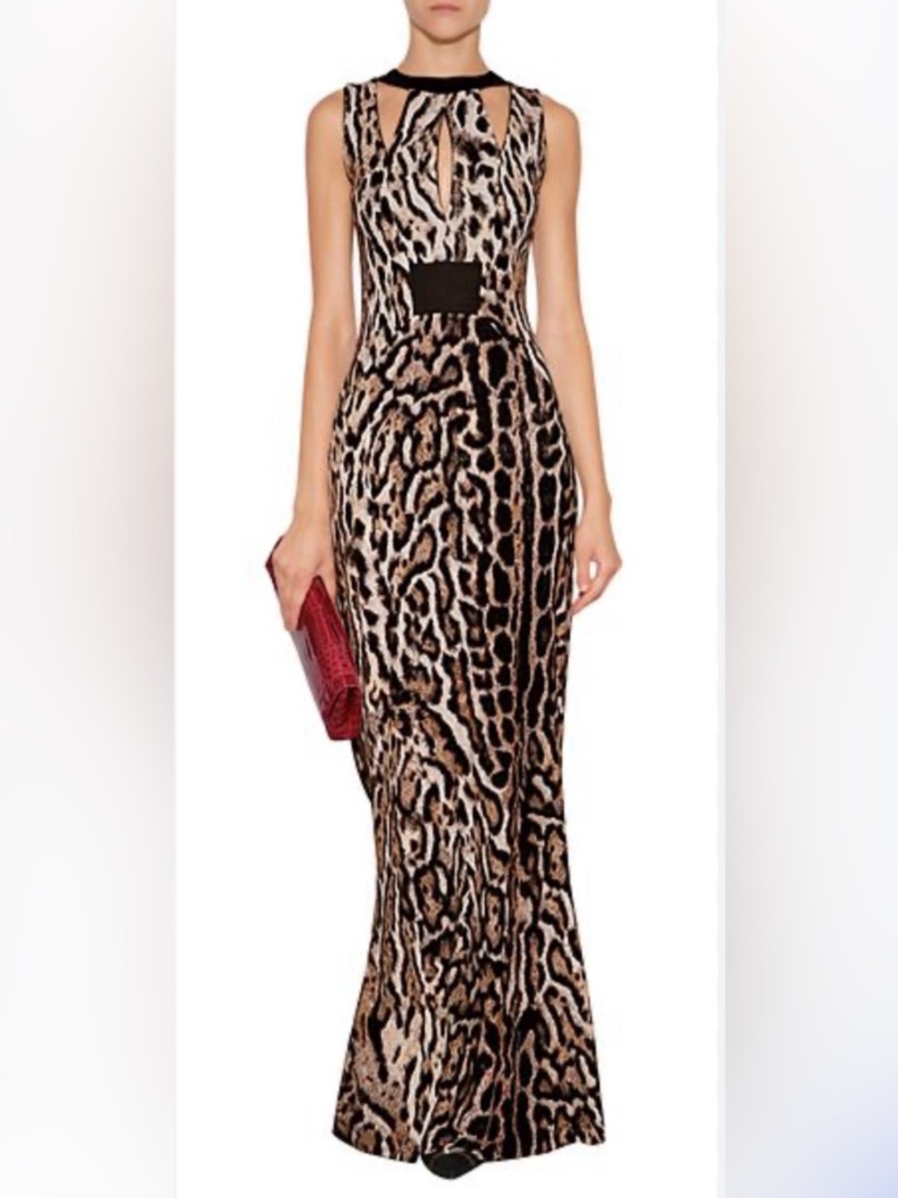 JUST CAVALLI by Roberto Cavalli Long Leopard Brown Print Cutout Dress Gown Large